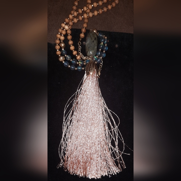 Labradorite, frosted glass gemstone tassel necklace wood beads adjustable signed - Picture 4 of 15